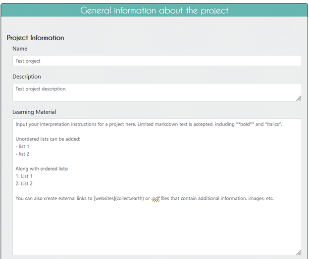 Basic markdown text is supported by the Learning Material field in the Project Wizard.

